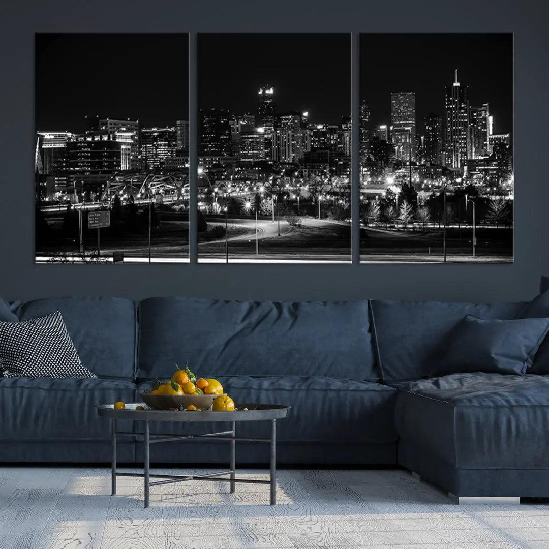 Black and White Denver Skyline Cityscape Canvas Print Wall Art Framed