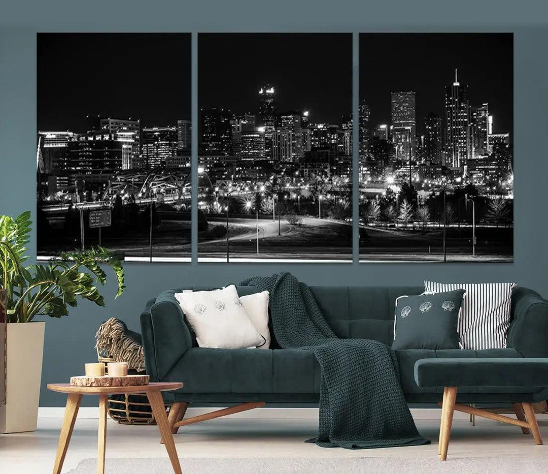 Black and White Denver Skyline Cityscape Canvas Print Wall Art Framed