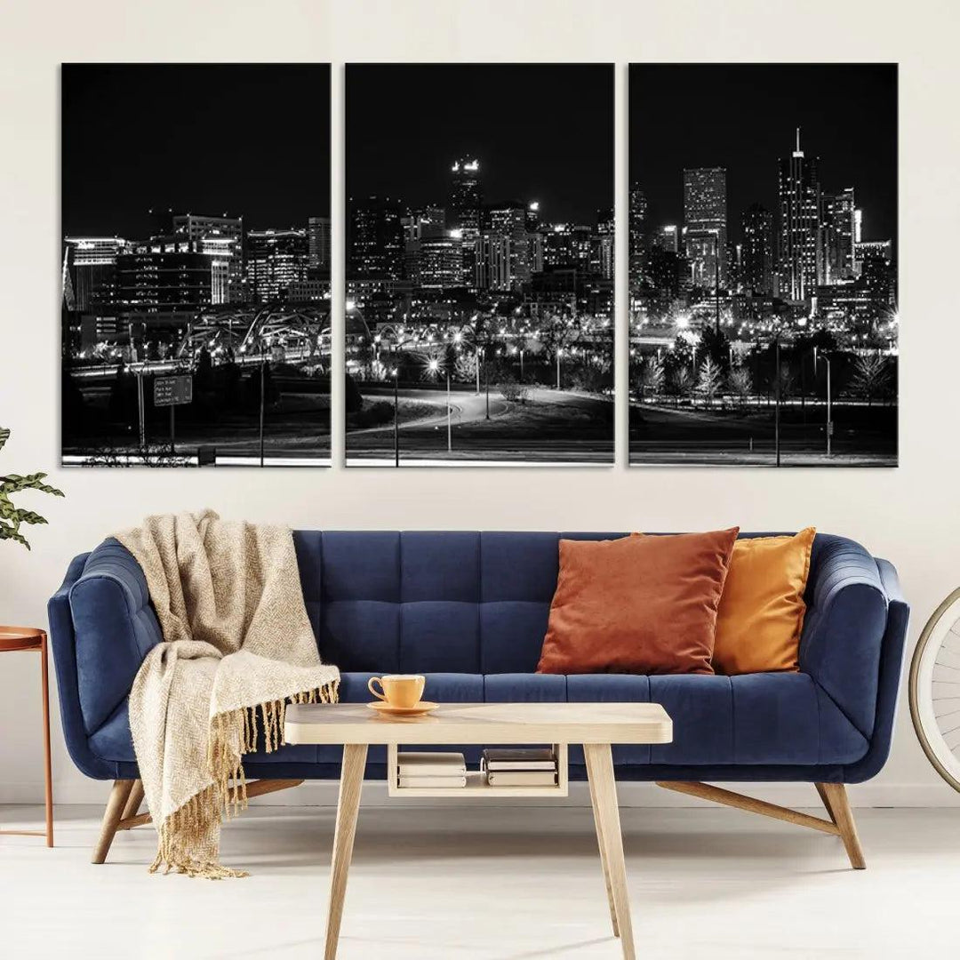 Black and White Denver Skyline Cityscape Canvas Print Wall Art Framed