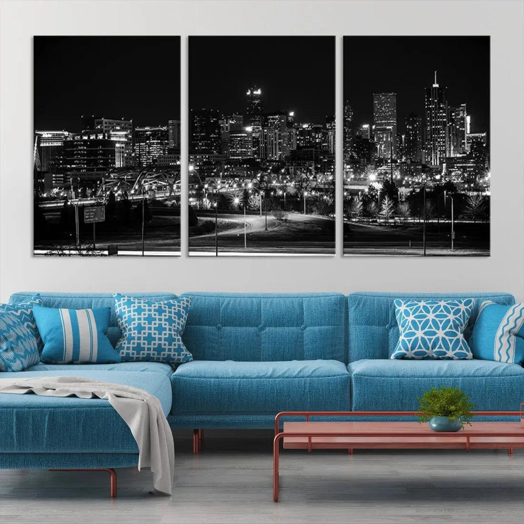 Black and White Denver Skyline Cityscape Canvas Print Wall Art Framed