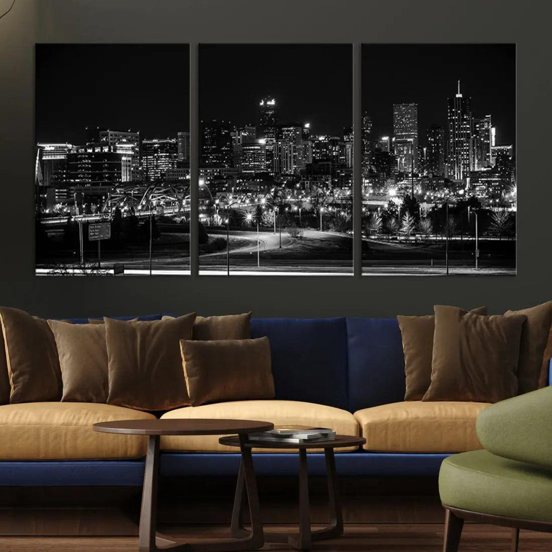 Black and White Denver Skyline Cityscape Canvas Print Wall Art Framed