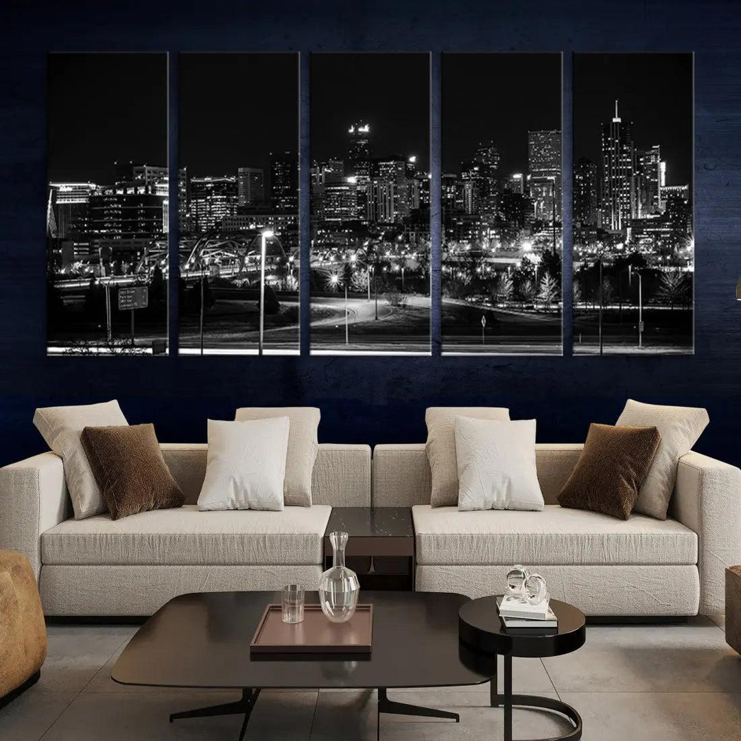 Black and White Denver Skyline Cityscape Canvas Print Wall Art Framed