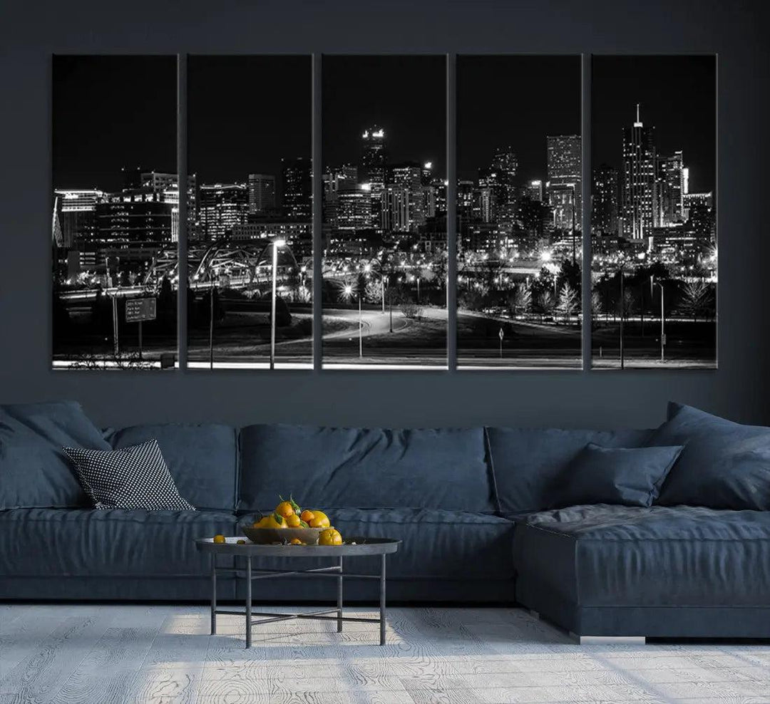 Black and White Denver Skyline Cityscape Canvas Print Wall Art Framed