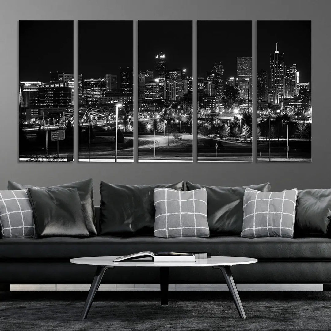 Black and White Denver Skyline Cityscape Canvas Print Wall Art Framed