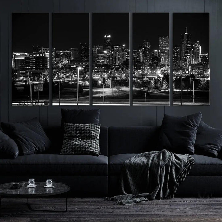 Black and White Denver Skyline Cityscape Canvas Print Wall Art Framed