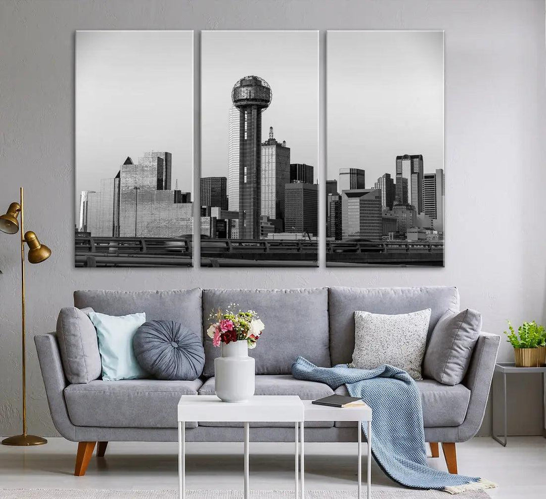 Black and White Metallic Dallas Cityscape Canvas Print Skyline Wall Art Framed