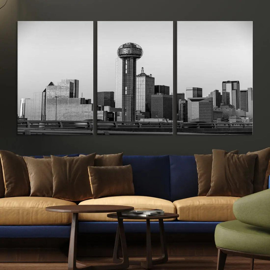 Black and White Metallic Dallas Cityscape Canvas Print Skyline Wall Art Framed