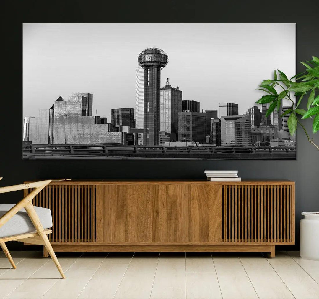 Black and White Metallic Dallas Cityscape Canvas Print Skyline Wall Art Framed