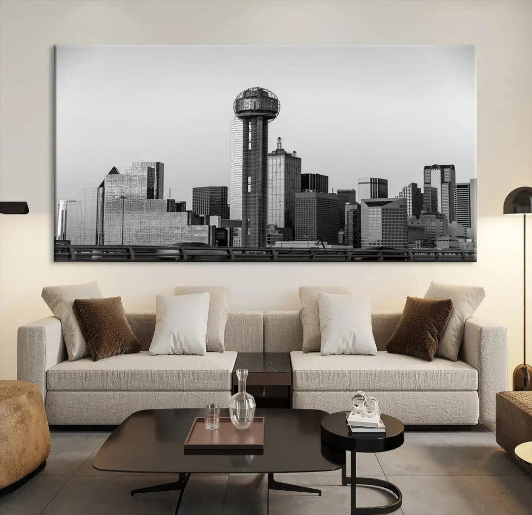 Black and White Metallic Dallas Cityscape Canvas Print Skyline Wall Art Framed