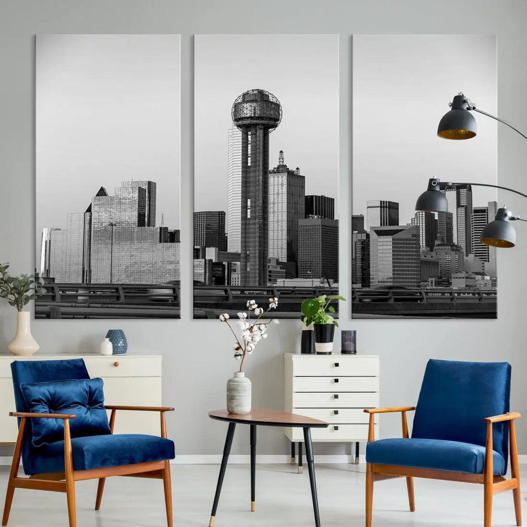 Black and White Metallic Dallas Cityscape Canvas Print Skyline Wall Art Framed