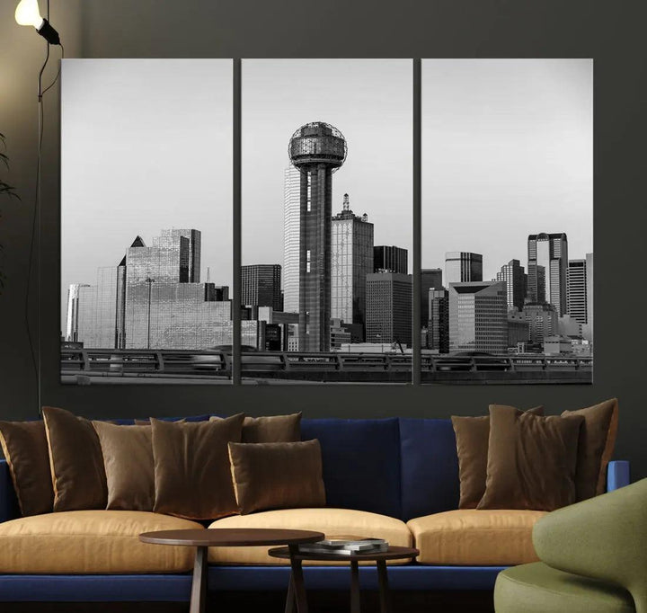 Black and White Metallic Dallas Cityscape Canvas Print Skyline Wall Art Framed