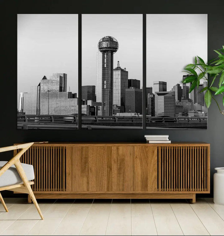 Black and White Metallic Dallas Cityscape Canvas Print Skyline Wall Art Framed