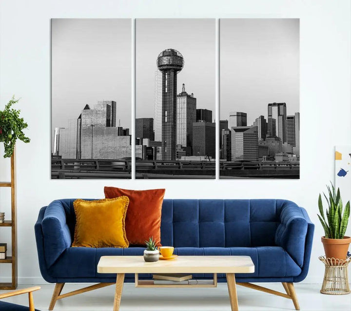 Black and White Metallic Dallas Cityscape Canvas Print Skyline Wall Art Framed