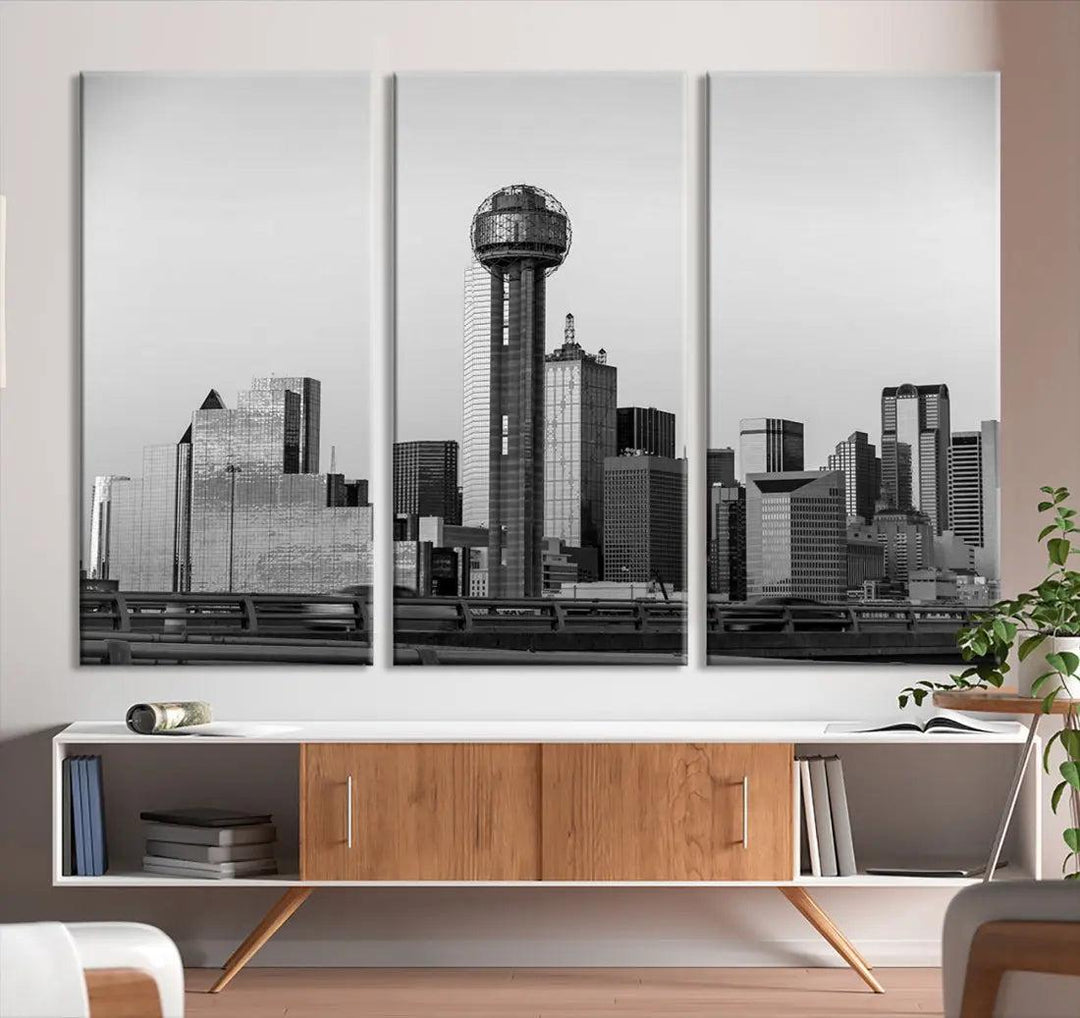 Black and White Metallic Dallas Cityscape Canvas Print Skyline Wall Art Framed