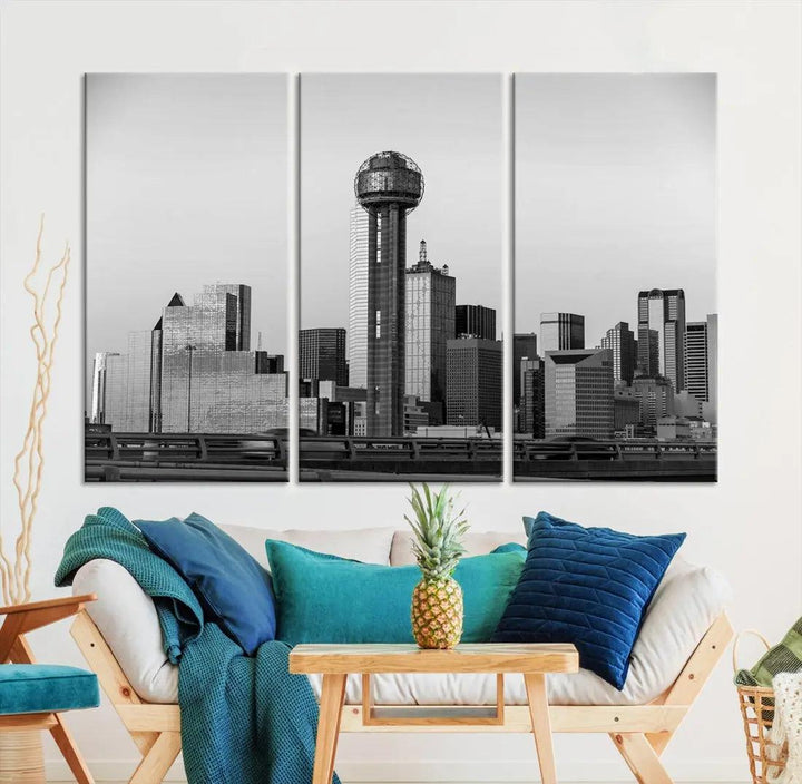 Black and White Metallic Dallas Cityscape Canvas Print Skyline Wall Art Framed