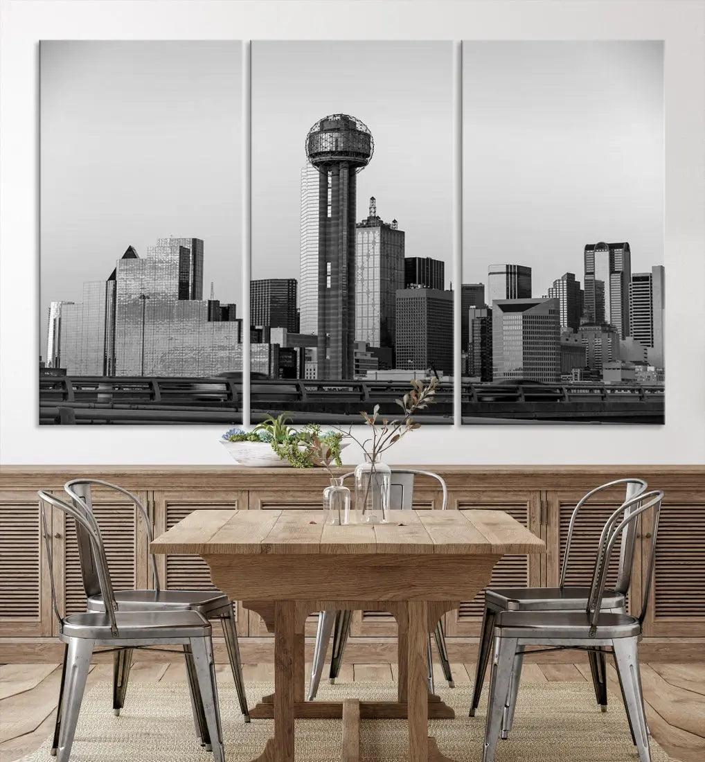 Black and White Metallic Dallas Cityscape Canvas Print Skyline Wall Art Framed