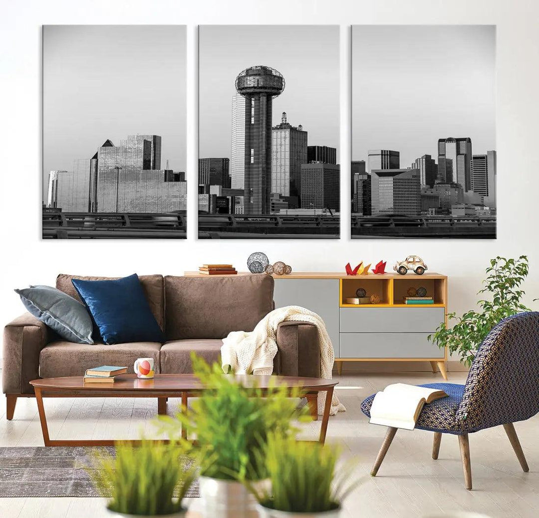 Black and White Metallic Dallas Cityscape Canvas Print Skyline Wall Art Framed