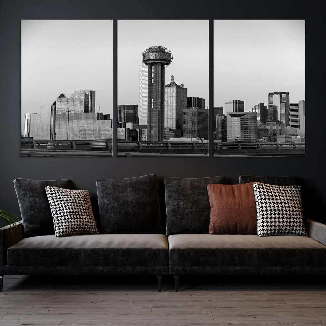 Black and White Metallic Dallas Cityscape Canvas Print Skyline Wall Art Framed