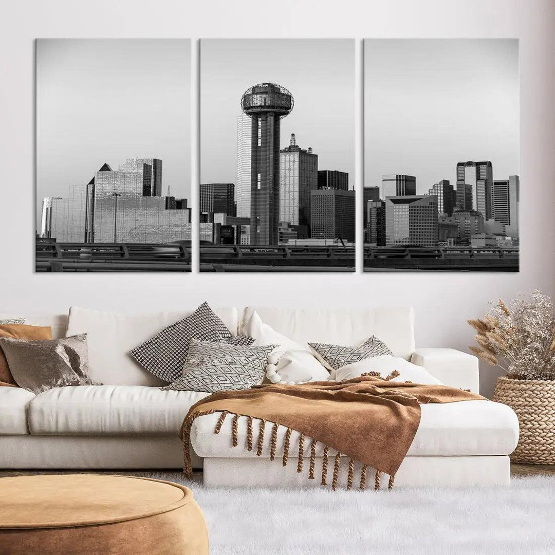 Black and White Metallic Dallas Cityscape Canvas Print Skyline Wall Art Framed