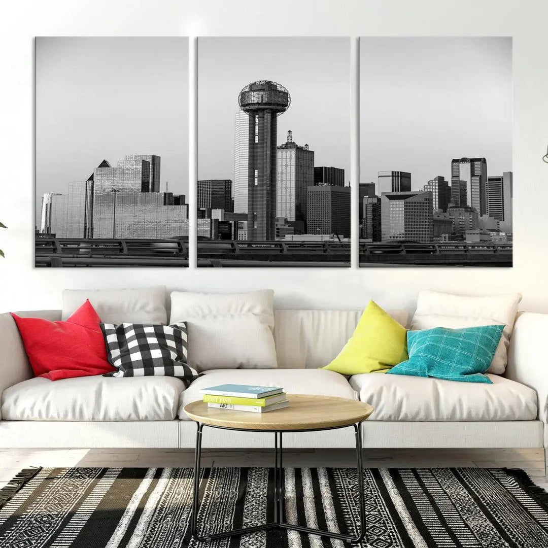 Black and White Metallic Dallas Cityscape Canvas Print Skyline Wall Art Framed