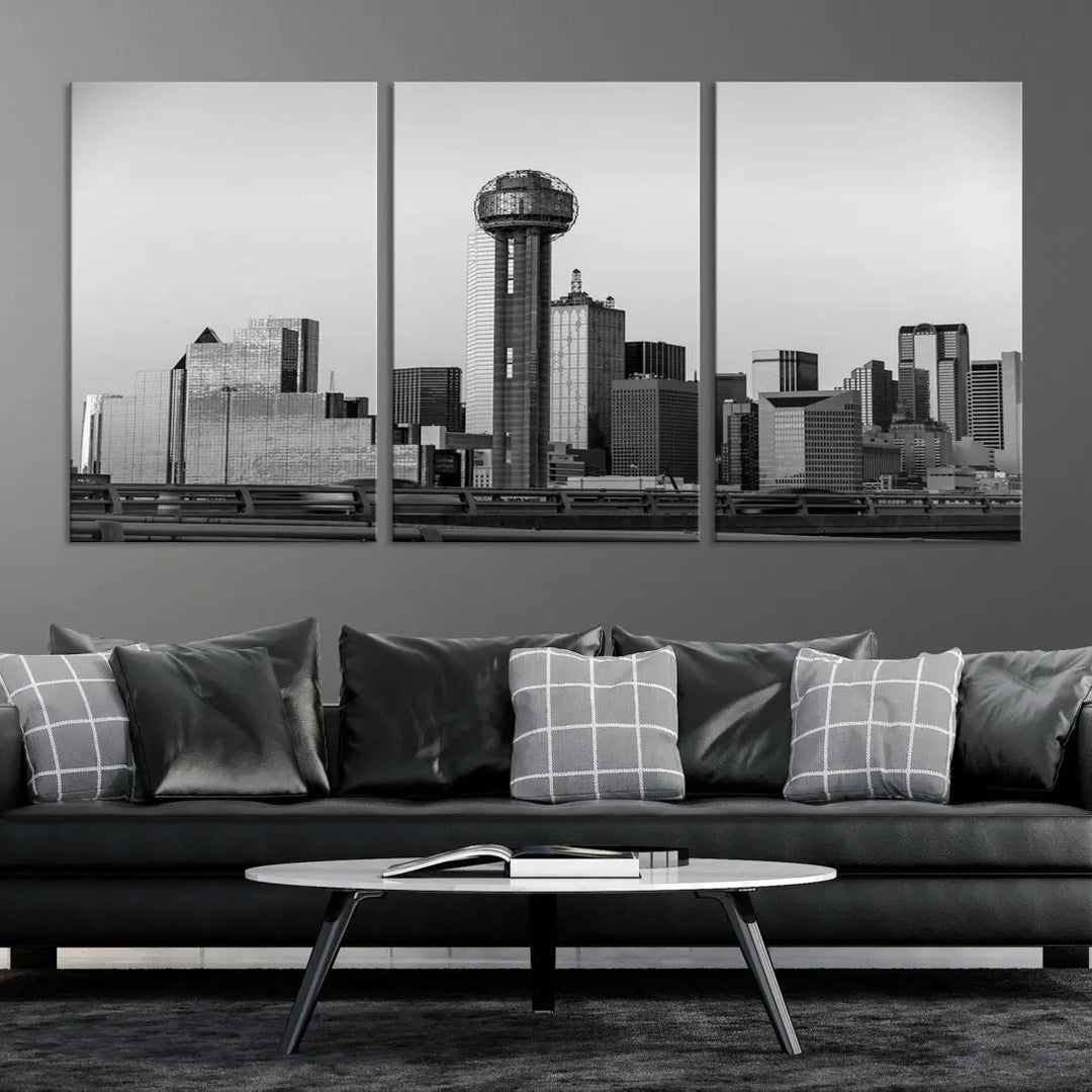 Black and White Metallic Dallas Cityscape Canvas Print Skyline Wall Art Framed