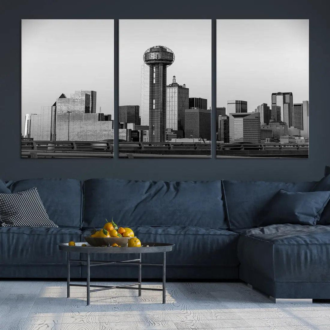 Black and White Metallic Dallas Cityscape Canvas Print Skyline Wall Art Framed