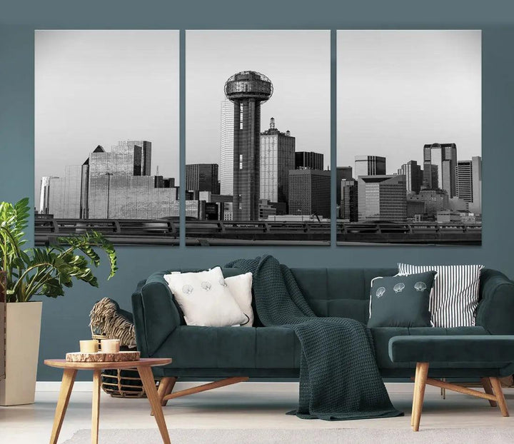 Black and White Metallic Dallas Cityscape Canvas Print Skyline Wall Art Framed