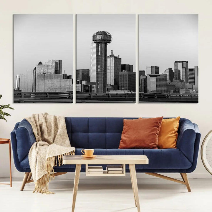 Black and White Metallic Dallas Cityscape Canvas Print Skyline Wall Art Framed