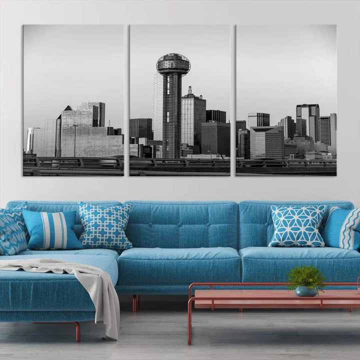 Black and White Metallic Dallas Cityscape Canvas Print Skyline Wall Art Framed