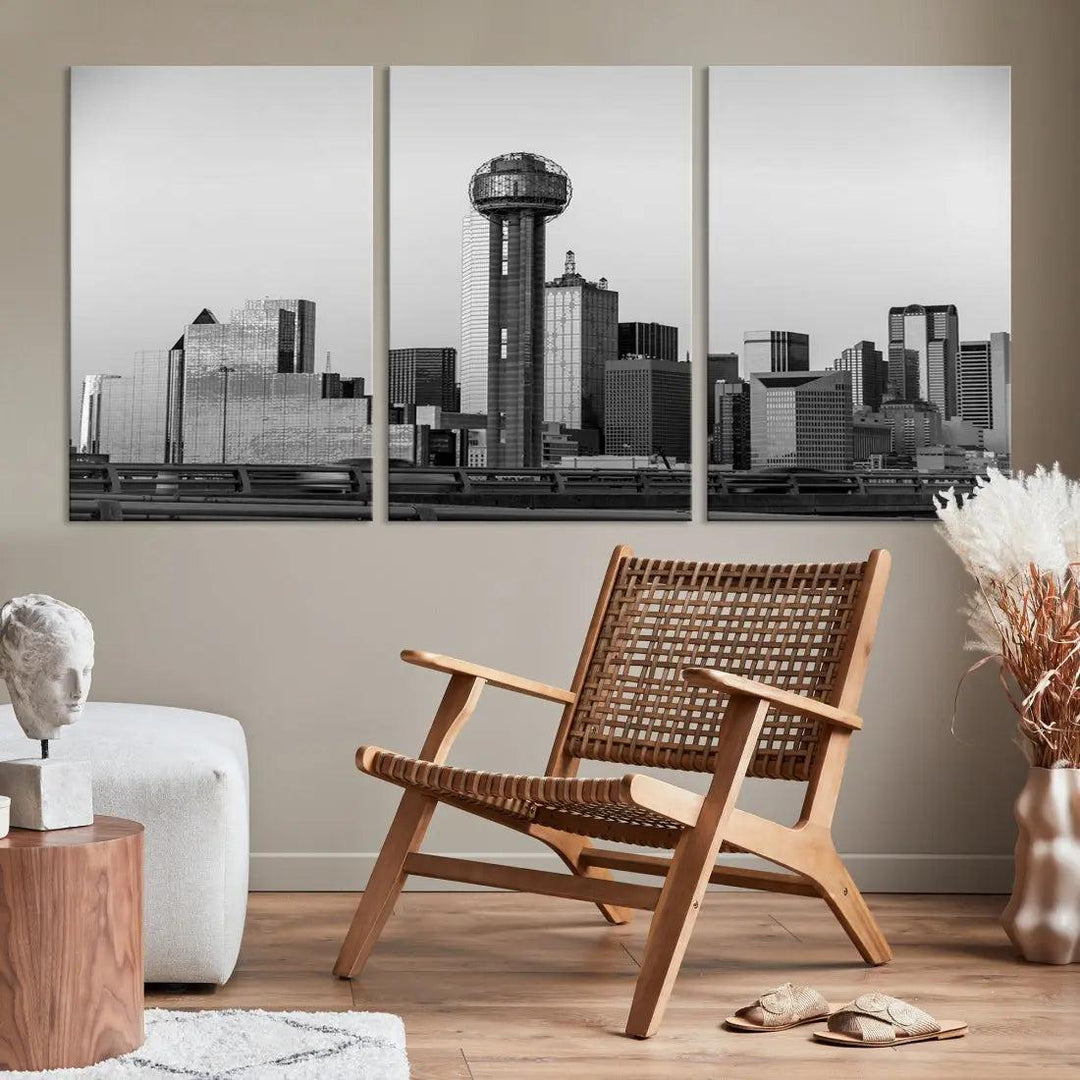 Black and White Metallic Dallas Cityscape Canvas Print Skyline Wall Art Framed