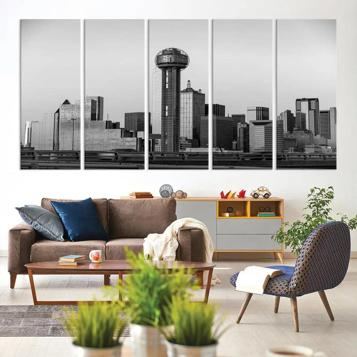 Black and White Metallic Dallas Cityscape Canvas Print Skyline Wall Art Framed