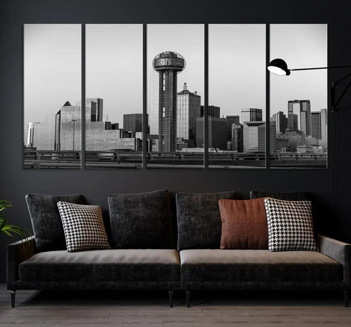 Black and White Metallic Dallas Cityscape Canvas Print Skyline Wall Art Framed