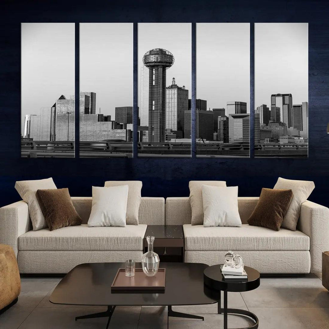 Black and White Metallic Dallas Cityscape Canvas Print Skyline Wall Art Framed