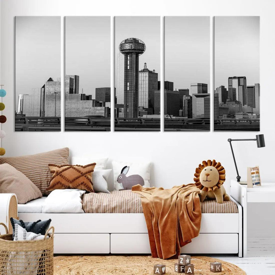 Black and White Metallic Dallas Cityscape Canvas Print Skyline Wall Art Framed