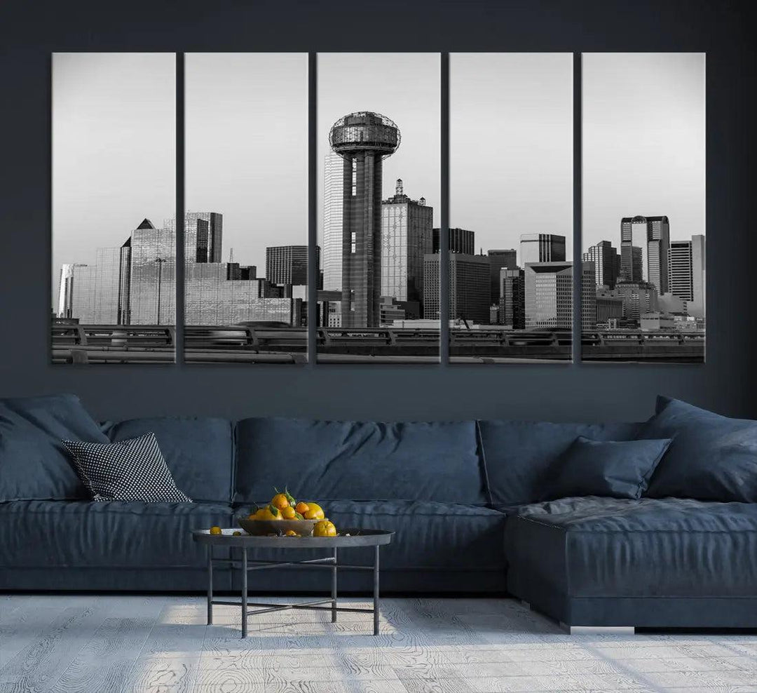 Black and White Metallic Dallas Cityscape Canvas Print Skyline Wall Art Framed