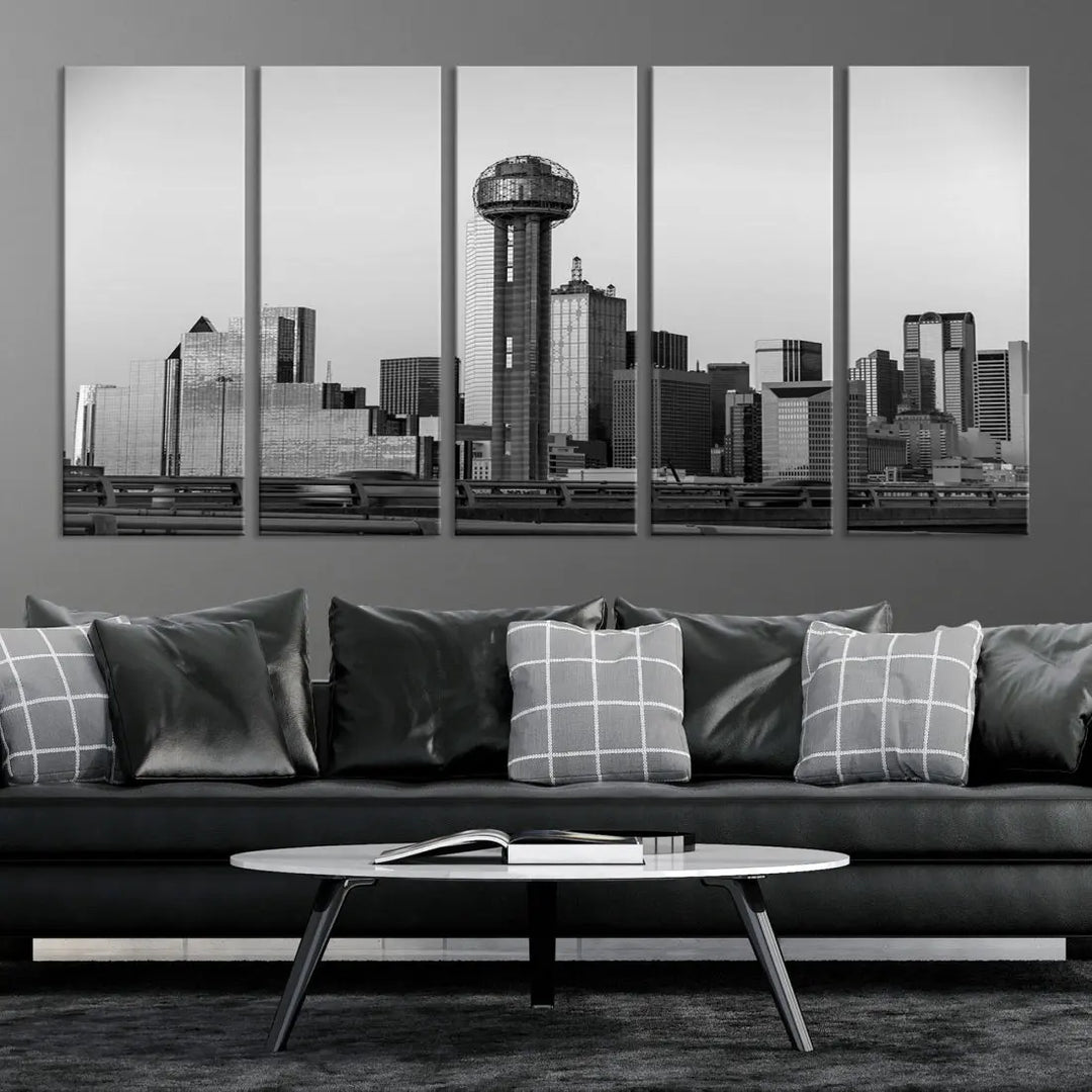 Black and White Metallic Dallas Cityscape Canvas Print Skyline Wall Art Framed