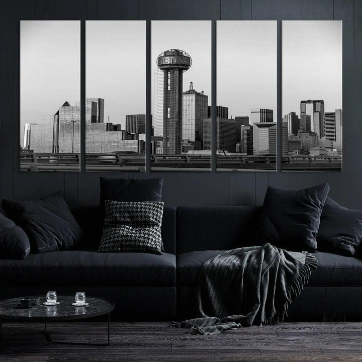 Black and White Metallic Dallas Cityscape Canvas Print Skyline Wall Art Framed