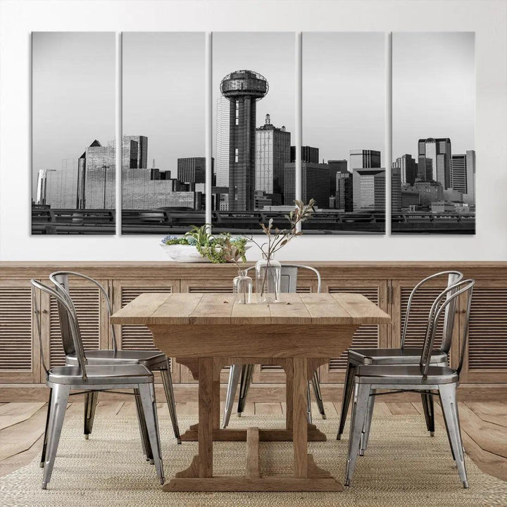 Black and White Metallic Dallas Cityscape Canvas Print Skyline Wall Art Framed