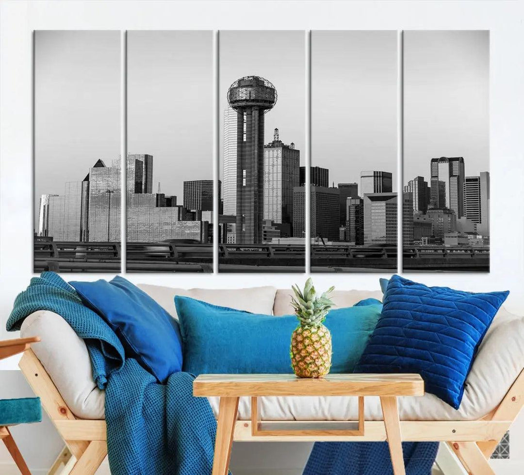 Black and White Metallic Dallas Cityscape Canvas Print Skyline Wall Art Framed