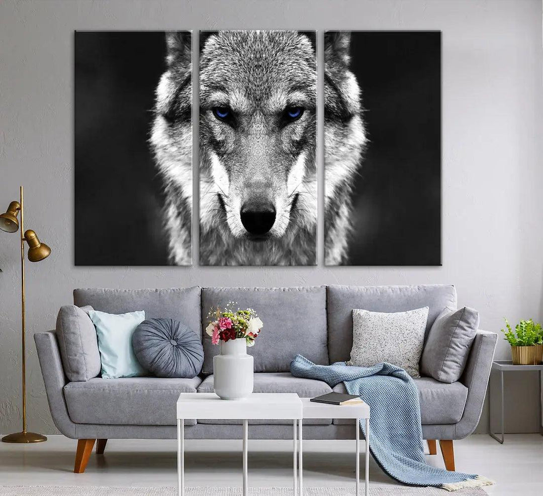 Black and White Wild Wolf Wall Art Animal Print on Original Cotton Canvas