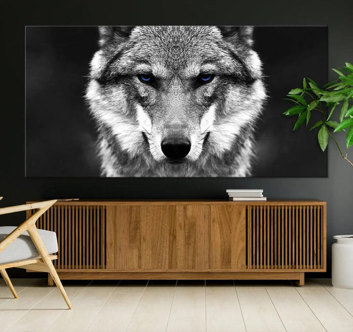 Black and White Wild Wolf Wall Art Animal Print on Original Cotton Canvas