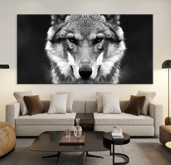 Black and White Wild Wolf Wall Art Animal Print on Original Cotton Canvas