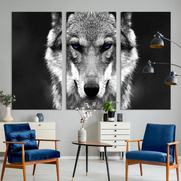 Black and White Wild Wolf Wall Art Animal Print on Original Cotton Canvas