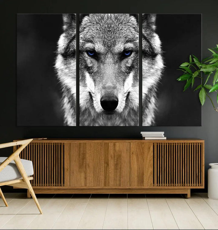 Black and White Wild Wolf Wall Art Animal Print on Original Cotton Canvas