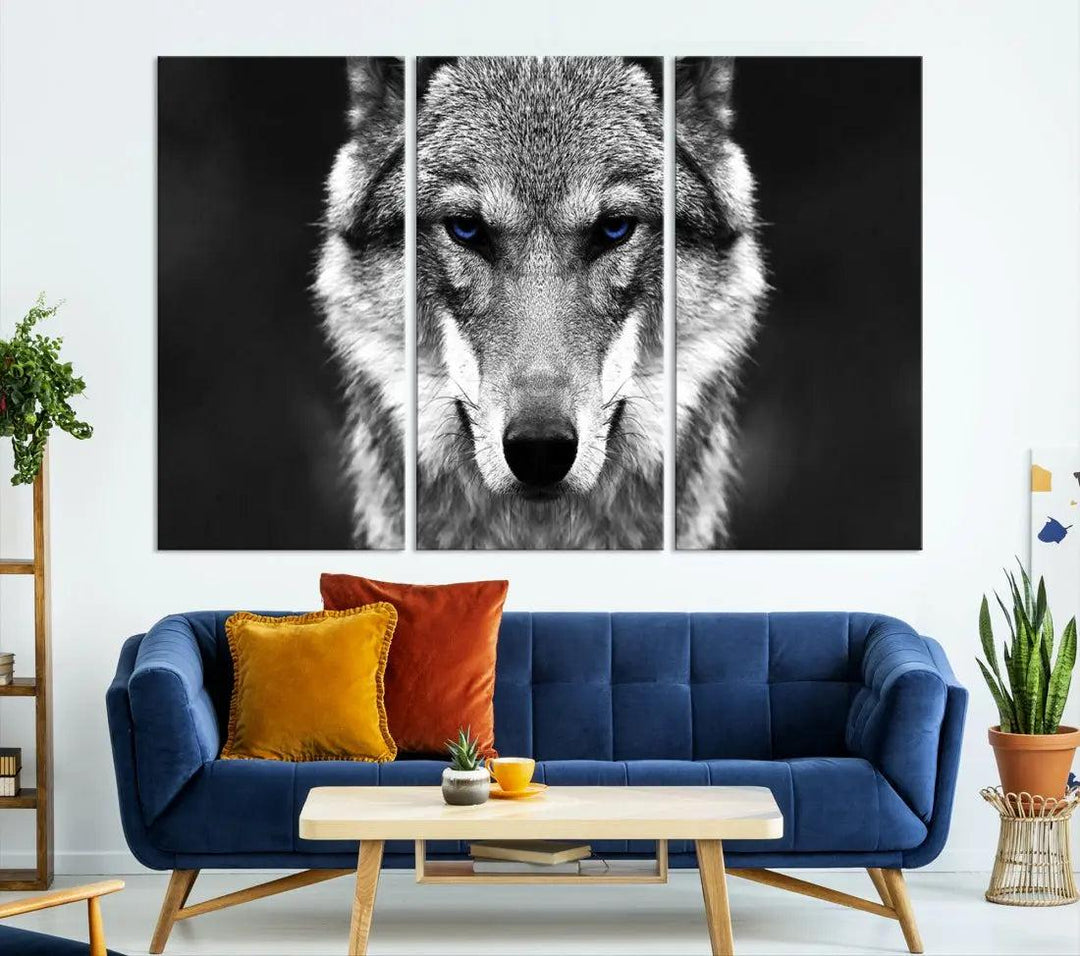 Black and White Wild Wolf Wall Art Animal Print on Original Cotton Canvas