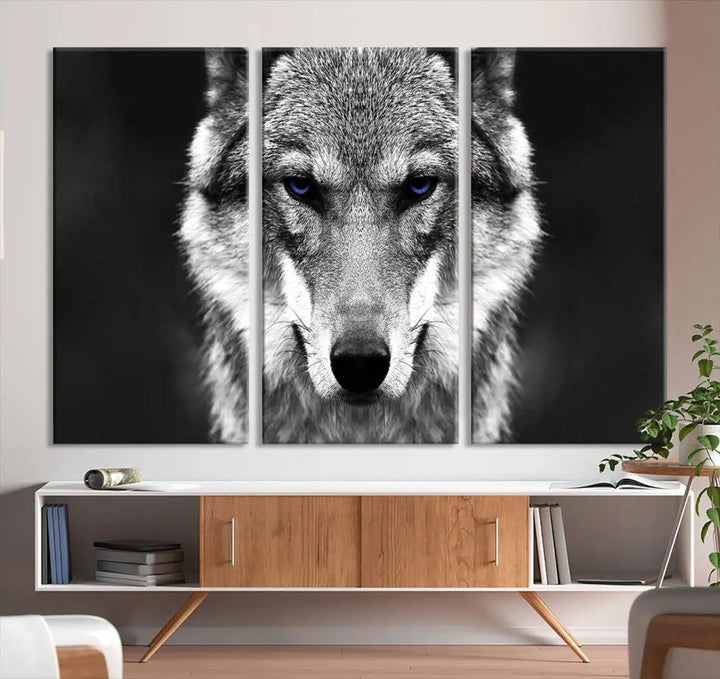 Black and White Wild Wolf Wall Art Animal Print on Original Cotton Canvas