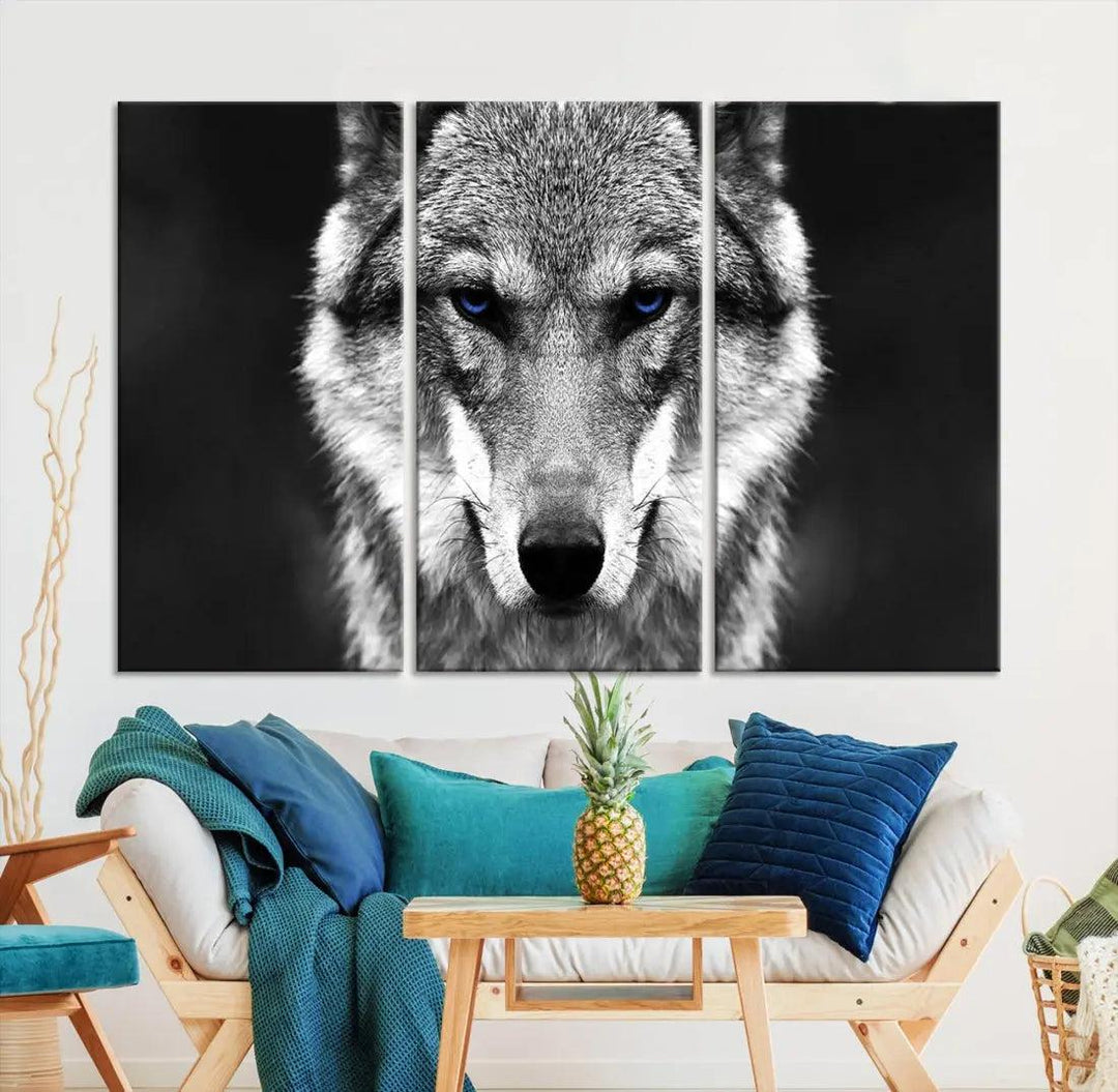 Black and White Wild Wolf Wall Art Animal Print on Original Cotton Canvas