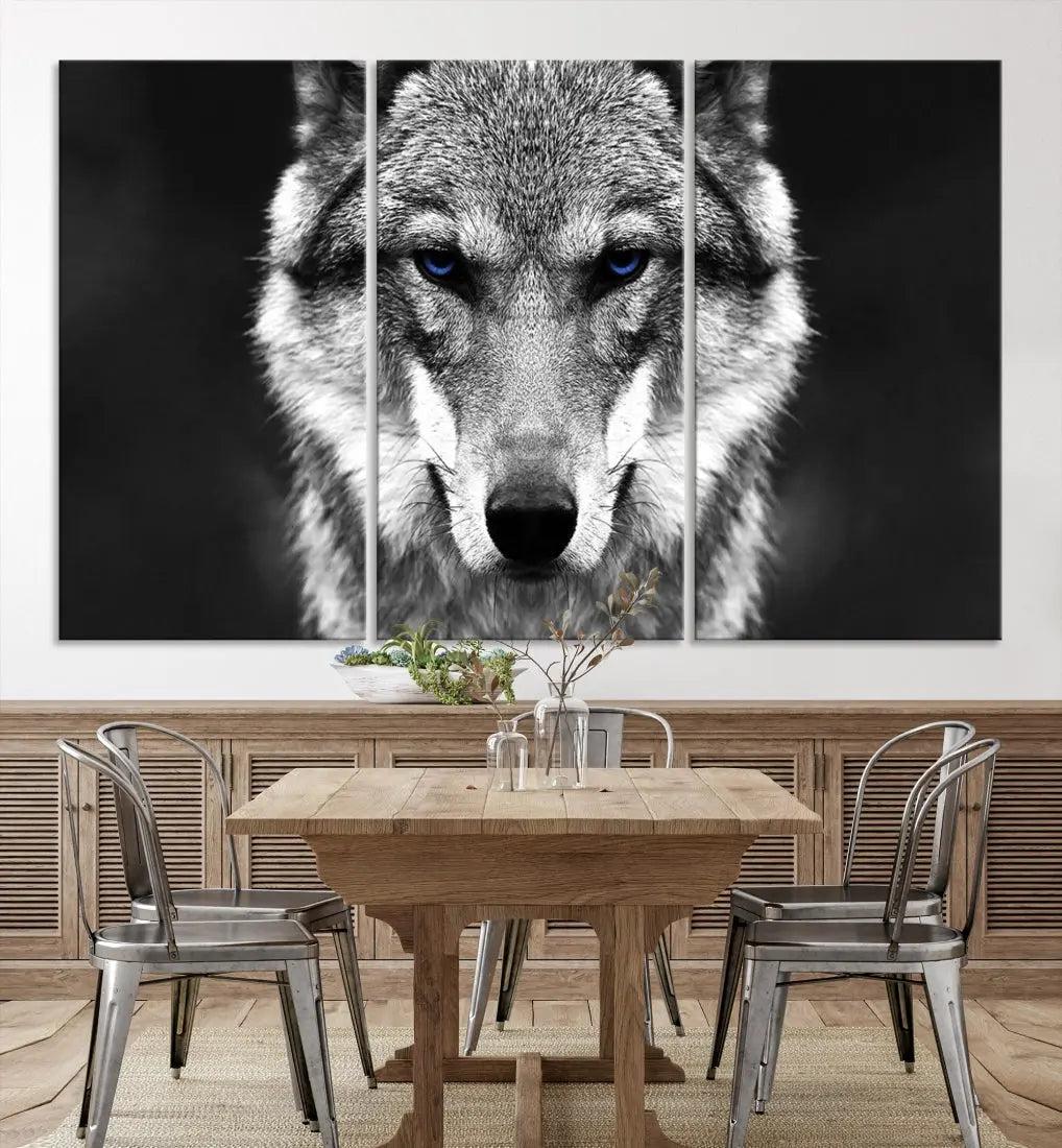 Black and White Wild Wolf Wall Art Animal Print on Original Cotton Canvas