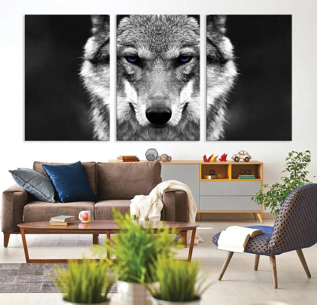 Black and White Wild Wolf Wall Art Animal Print on Original Cotton Canvas