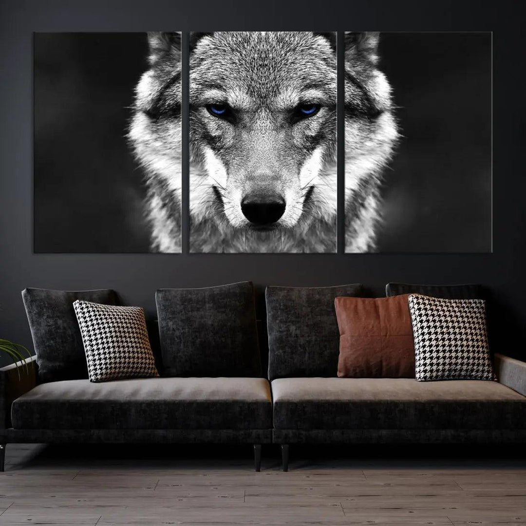 Black and White Wild Wolf Wall Art Animal Print on Original Cotton Canvas